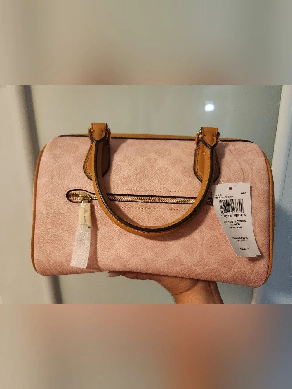 Coach Pink Signature Satchel with Flower Charm and Gold Hardware Rowan.